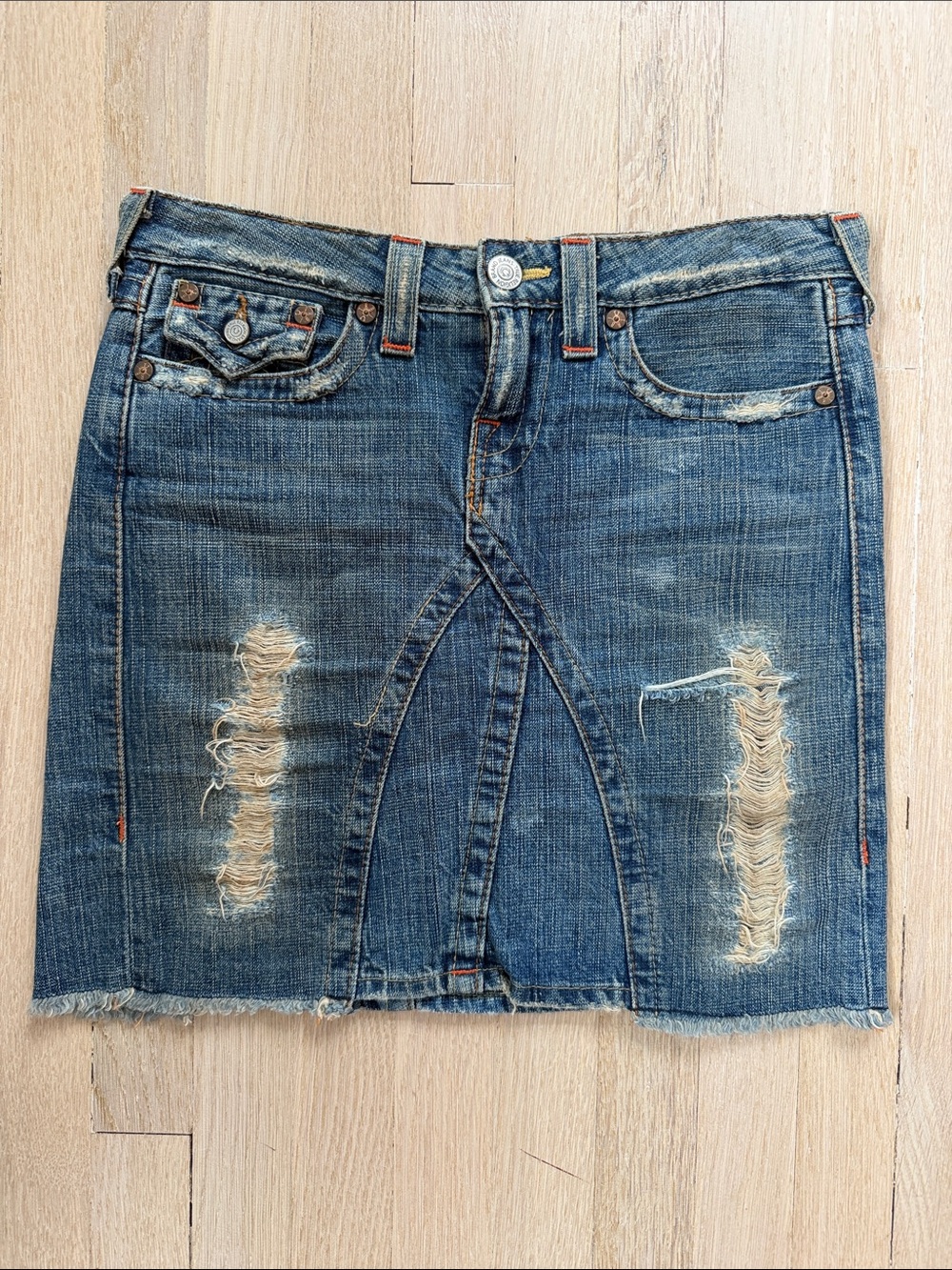 True Religion Distressed Dark Blue Denim Mini Skirt